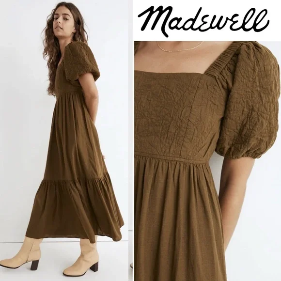 Madewell Tiered Midi Dress Quilted Hemp Blend Olive Green NH112 Size 10 Boho - Picture 2 of 15